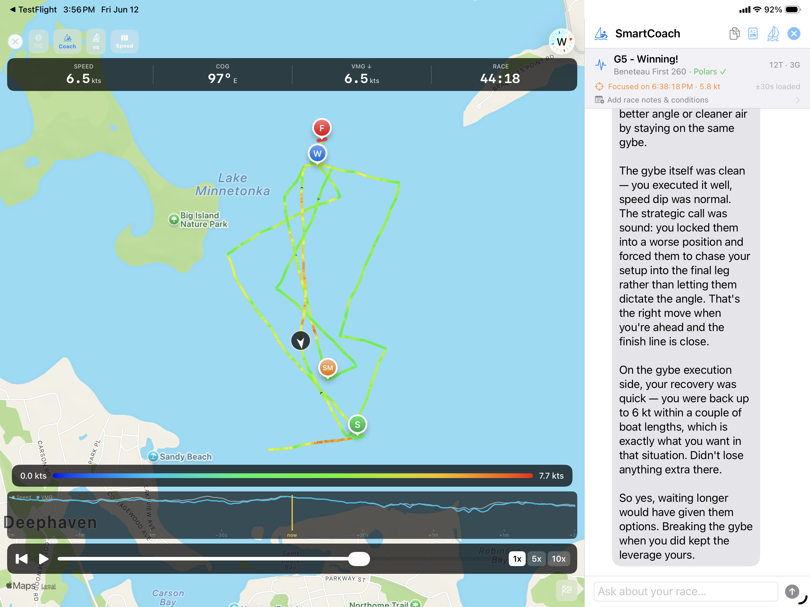 axiotrax on iPad — race replay with speed heat map beside the SmartCoach panel