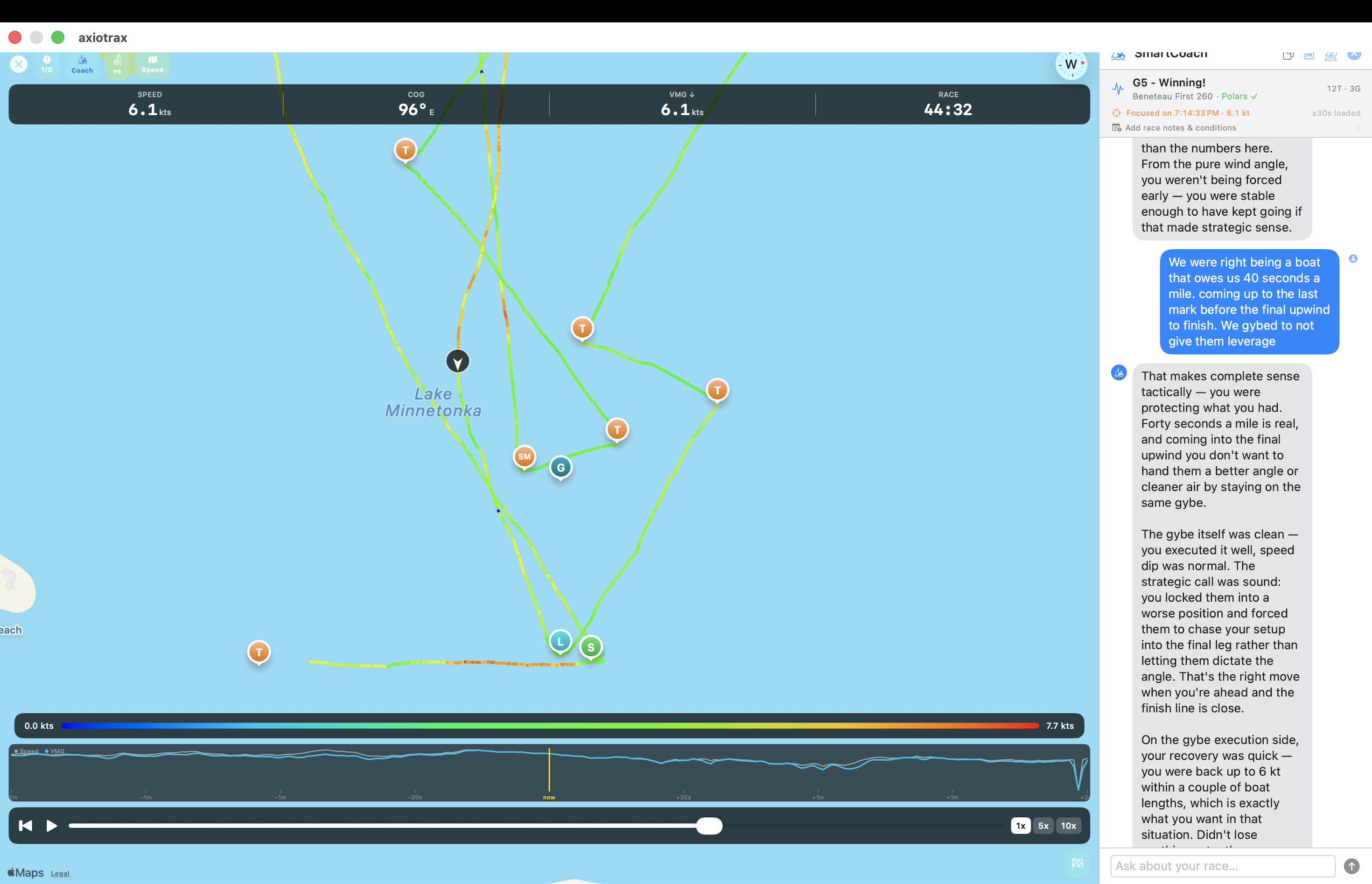 axiotrax running natively on a Mac — full race replay with detected marks beside a live SmartCoach debrief conversation