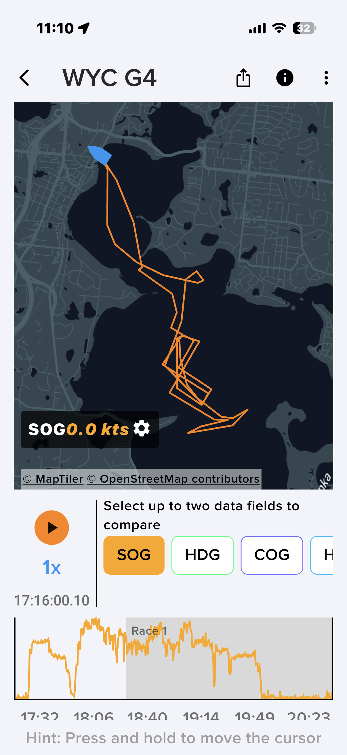 The race in Vakaros Connect — track line and speed graph