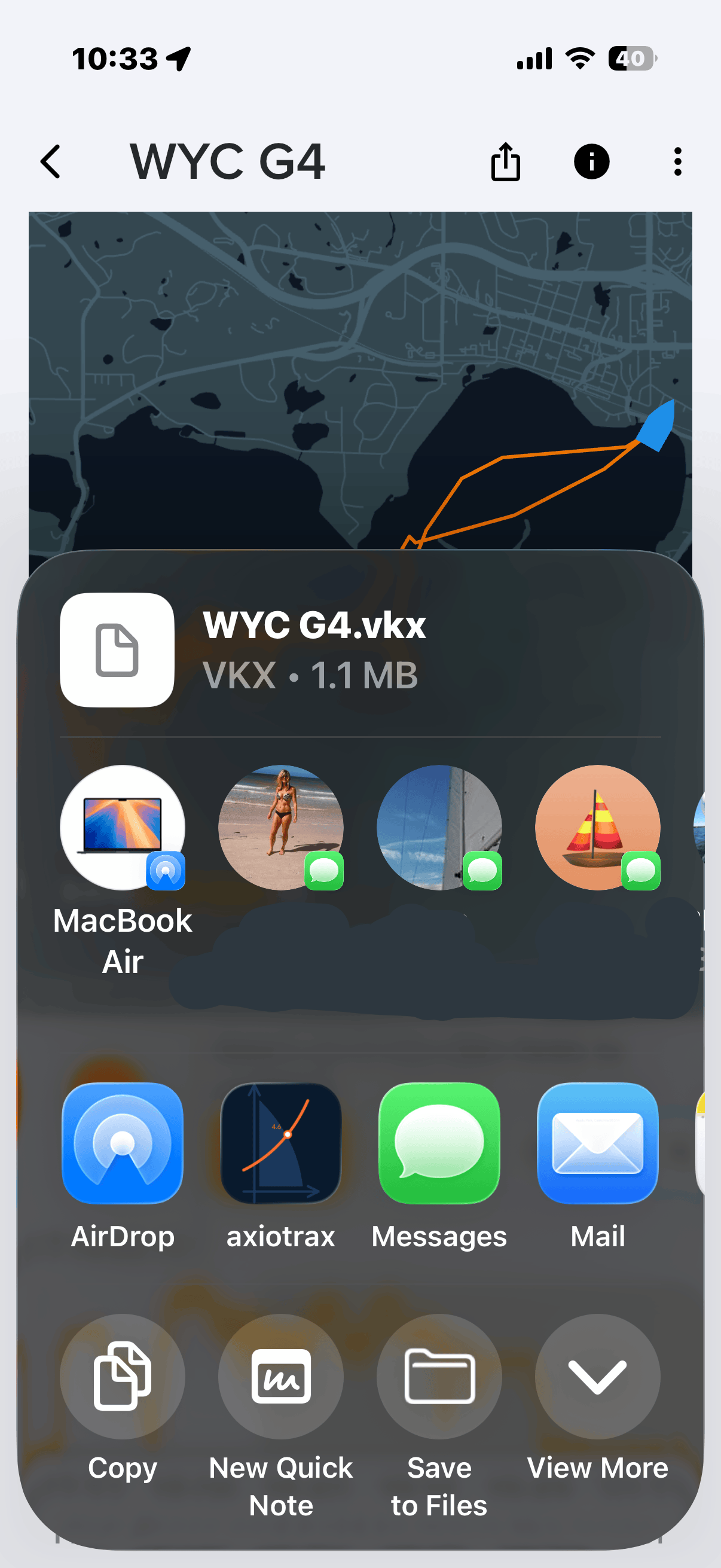 Vakaros Connect share sheet with axiotrax in the app list