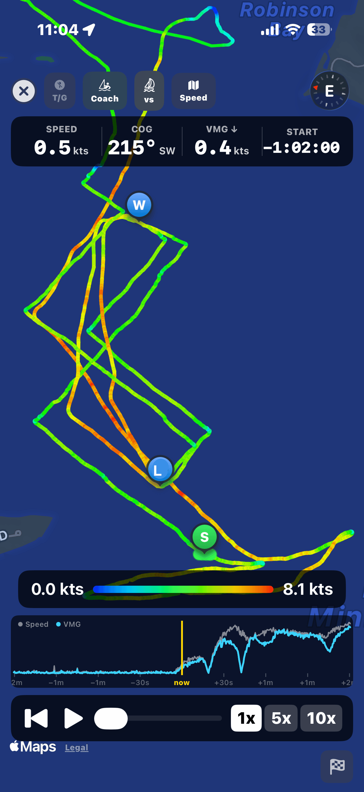 The same race in axiotrax — speed heat map, detected marks, VMG strip, replay