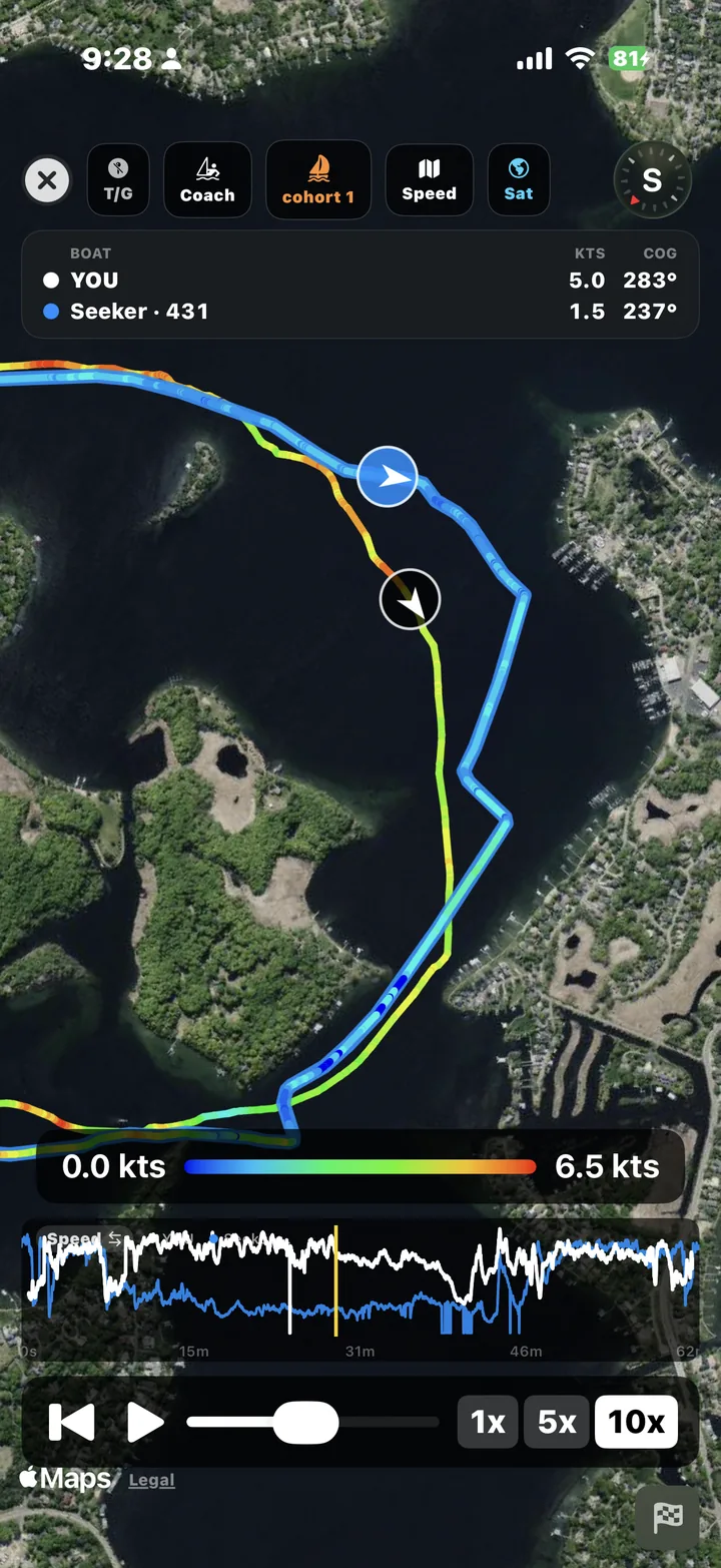axiotrax cohort playback — YOU and Seeker · 431 racing the same course, both tracks overlaid on the map with live speed and heading