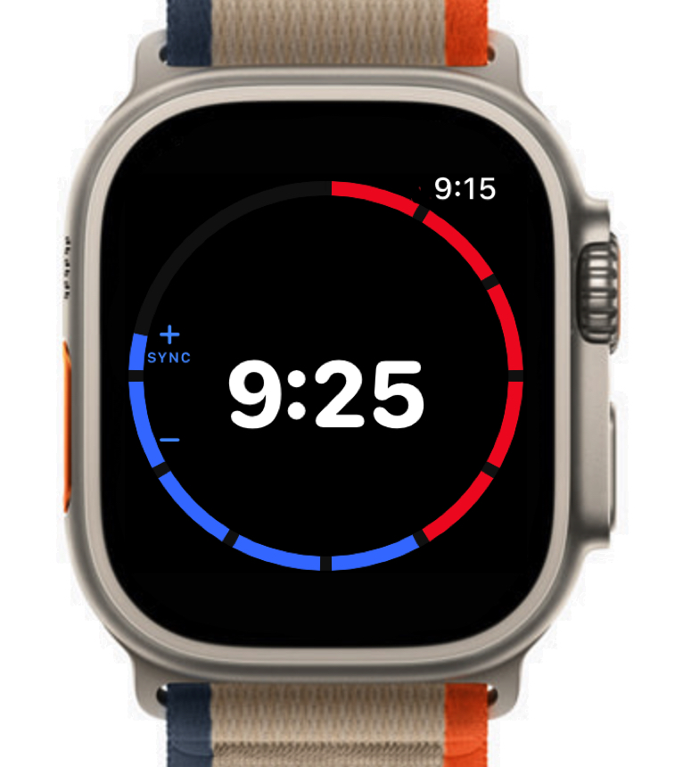 Apple Watch Ultra running the axiotrax sailing app with countdown timer and red-blue ring
